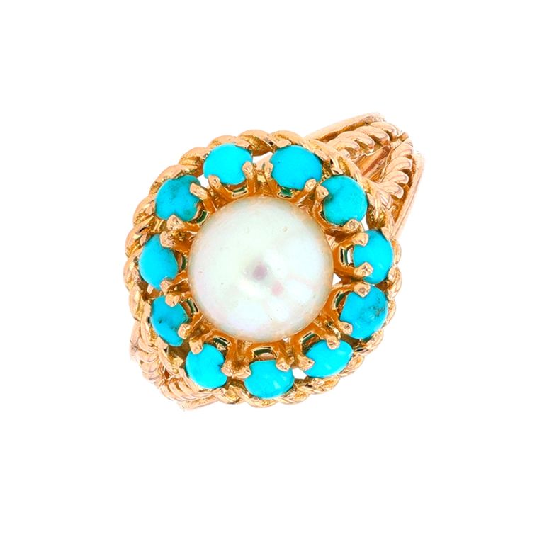 Bague vintage turquoises et perle de culture or jaune 6.19g Comme neuf -  reconditionné disponible sur Gemme Les Bijoux